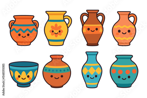 Cute smiling vases collection vector illustration in flat style for design and decor