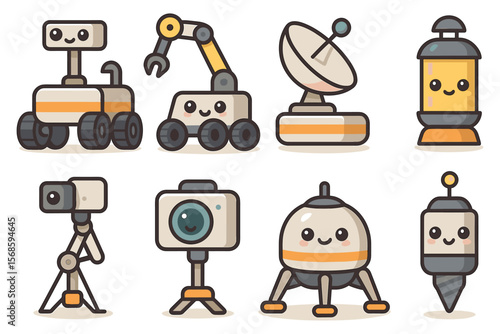 Cute robotics and space exploration vector illustration for cartoon poster design in flat style