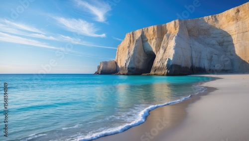 A beach with a rocky cliff in the background. The water is calm and the sky is clear.