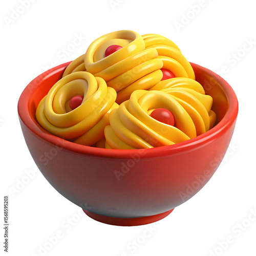 3d Icon Of Red Bowl Filled With Yellow Spiral Pasta Noodles With Tomato Detail For Food And Restaurant