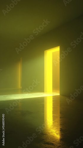 Wallpaper Mural A vivid yellow laser beam cuts through the darkness, illuminating a mysterious room with sharp light contrast. Modern, high-tech atmosphere. Empty caption space on the side for text or design.

 Torontodigital.ca