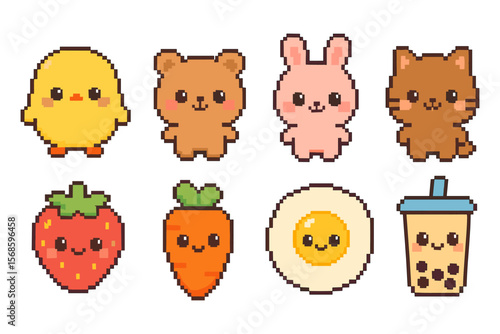 Cute pixel art vector illustration: animals and food characters for digital design