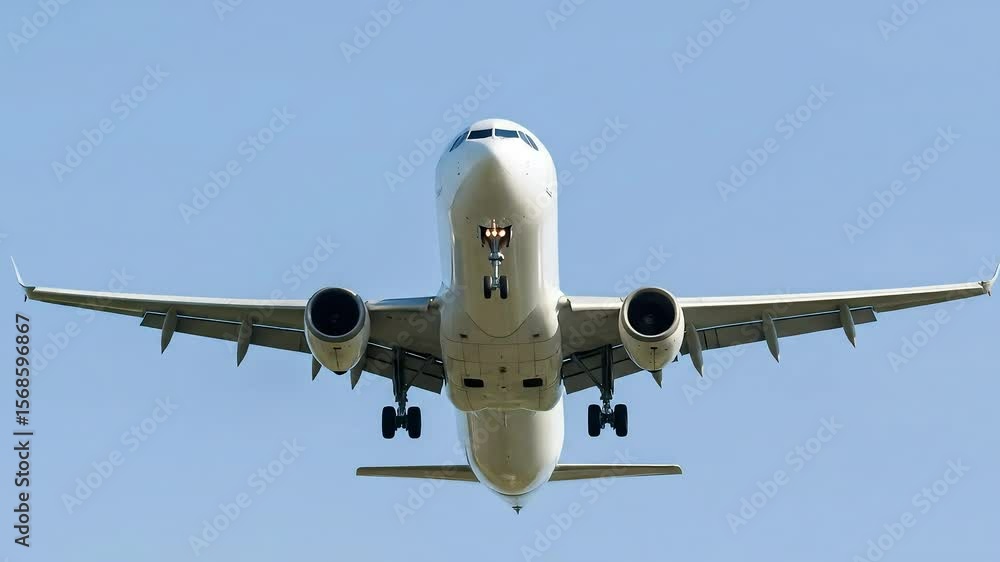White Airplane Flying In Clear Blue Sky With Landing Gear Down From Low Angle White Airplane Flying In Clear Blue Sky With Landing Gear Down From Low Angle