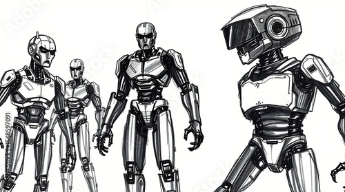 Robotic figures with scifi concept art.