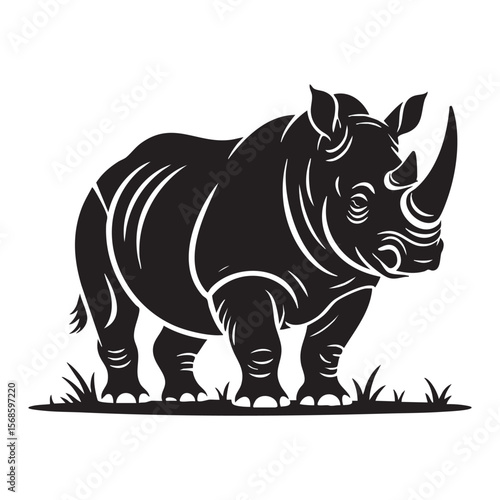 Powerful Rhino Silhouette Grazing Illustration Wild Animal Black Shape Of Rhinoceros Vector Icon Animal Symbol Wildlife Graphic