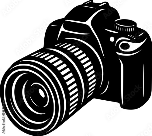 A bold, graphic illustration of a DSLR camera in a classic, vintage style.