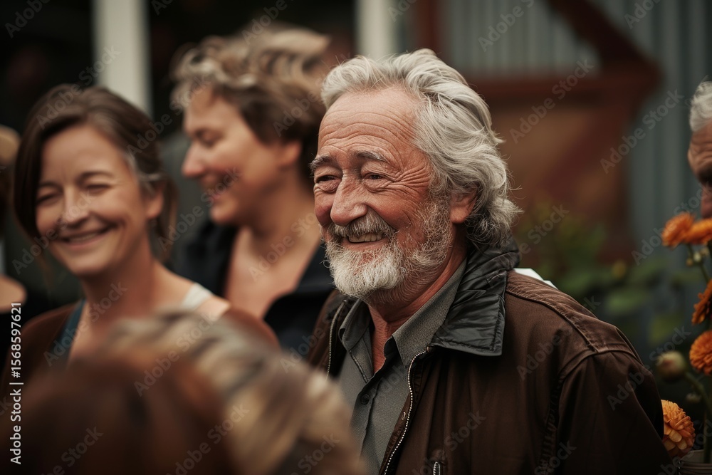 Mature man with white beard and gray hair, smiling and looking at the camera while standing in front of his friends. Mature man with white beard and gray hair, smiling and looking at the camera while standing in front of his friends.
