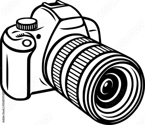 Stylish Black and White DSLR Camera Vector Illustration