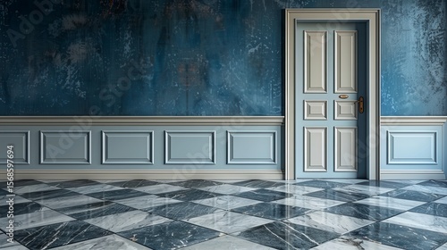 Ornate room with a blue textured wall, light trim, and checkered marble floor