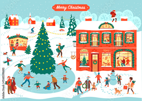 Set of Christmas and Happy New Year illustrations. Trendy retro style. Vector design banner. Wimmelbook style. Advent calendar image