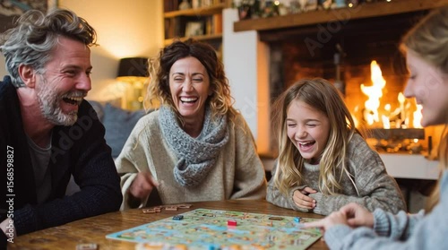 Family game night fun: playing board games by the fireplace for quality time and bonding moments