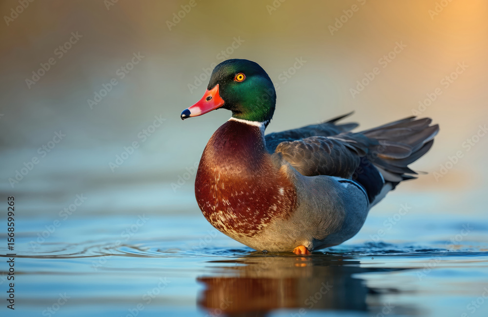 Fototapeta premium Northern shoveler duck, Spatula clypeata, floats on blue water surface. Green iridescent head, brown breast, grey body. Wildlife in nature Czech Republic morning mist. Birding activity, natural