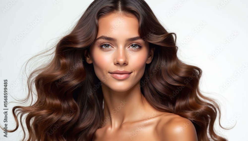 Fototapeta premium Young woman with long, curly, shiny brown hair. Features natural beauty, smooth skin. Ideal for hair care, skincare, beauty products, elegance, wellness, radiant glow. White background feminine