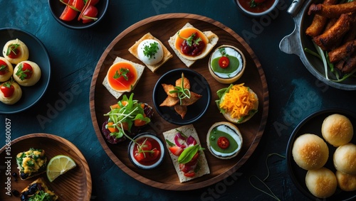 A vertical top view of delicious appetizers and finger food served on a wooden plate