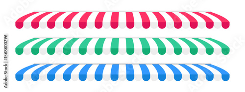 Set of shop awnings. Striped store canopy. Market striped tent isolated on white background. Cafe sunshade. Kiosk umbrella. Stall marquee. Storefront element. Vector illustration.