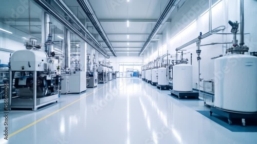 Symmetrical industrial facility with modern equipment and pristine sterile environment
