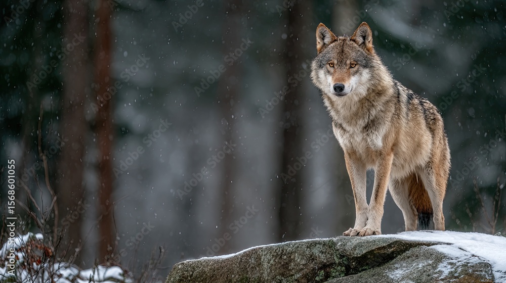 Fototapeta premium Gray Wolf with Piercing Yellow Eyes on Snow-Covered Rock in Winter Forest 