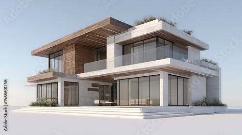 Modern Architectural Marvel: A captivating modern residence, showcasing an exquisite blend of wood, concrete, and glass elements, epitomizes contemporary design and sophisticated living.