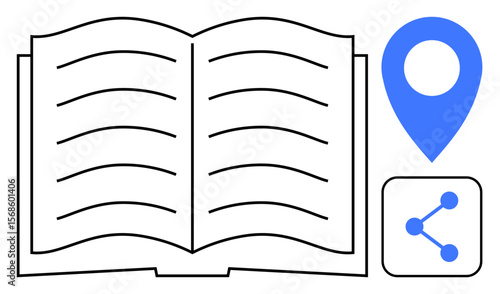 Open book with lines symbolizing knowledge, location pin for navigation, and share icon for connectivity. Ideal for education, learning, sharing, communication, navigation, content or a simple