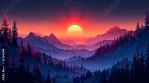 Sunset over mountain ranges, pine trees, soft light, beautiful colors