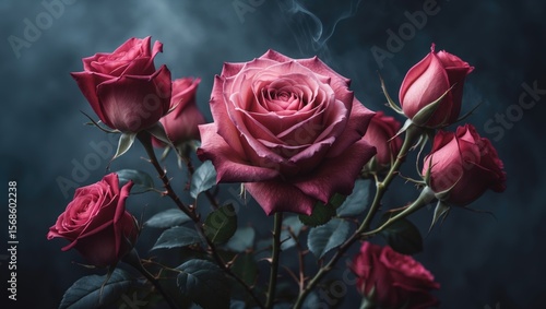 Fototapeta Naklejka Na Ścianę i Meble -  A valentine rose displayed with multiple pink roses against a dark background