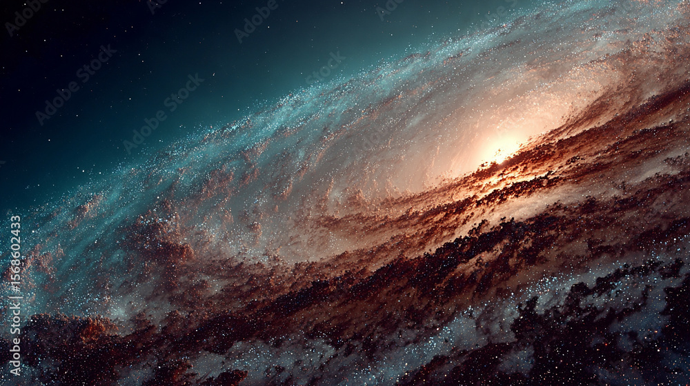 Naklejka premium A solitary planet orbits a vibrant, luminous galaxy in deep space. The cosmic scene features swirling stars, glowing nebulae, and a sense of vast isolation and celestial beauty.