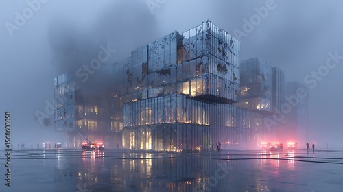 Futuristic City Building in Fog: A futuristic building, composed of cubic modules, stands shrouded in a thick fog, creating a mysterious and atmospheric scene.