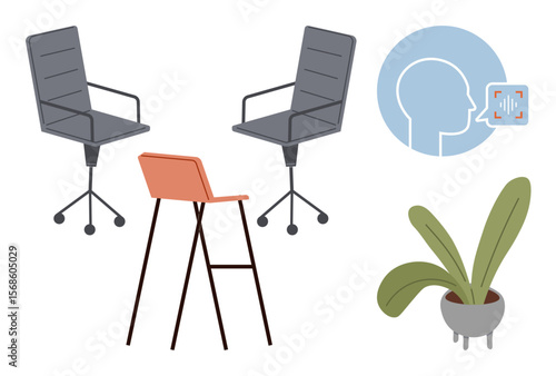 Two office swivel chairs, a high stool, a potted plant, and a speech recognition concept for workplace organization. Ideal for collaboration, dialogue, simplicity, modernity, productivity