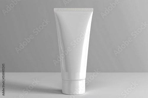 Cosmetic Tube Mockup: A sleek, white cosmetic tube, expertly lit, stands in a clean studio setting, embodying purity and potential, ready for your design or concept. 