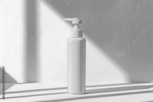 Cosmetic product bottle under shadow: A sleek, minimalist cosmetic product bottle, perfectly illuminated by natural light. The image celebrates simplicity and purity. 