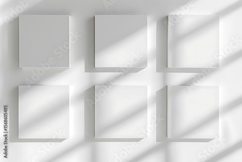 Six Squares Presentation: A clean and minimalistic setting features six square canvases or panels mounted on a wall.