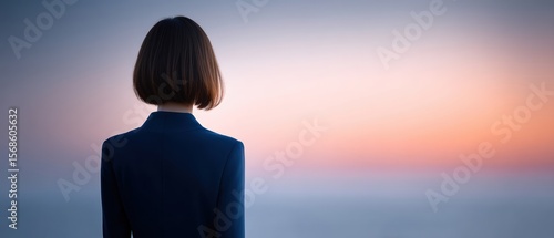 Contemplative moment woman facing dusk horizon coastal scene emotional reflection serene environment back view perspective