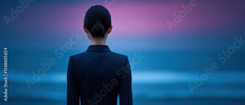 Contemplative woman staring at dusk horizon beach portrait photography peaceful environment rear view reflection
