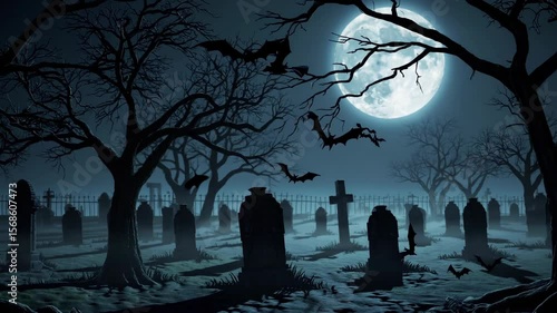 spooky scary night view of cemetery under full moon with bats flying over the graves. graveyard scene. happy halloween video backgrounds. Seamless looping animated background