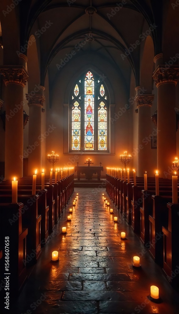 Candlelit Church Interior Peaceful Evening Atmosphere of Faith and Tranquility Candlelit Church Interior Peaceful Evening Atmosphere of Faith and Tranquility
