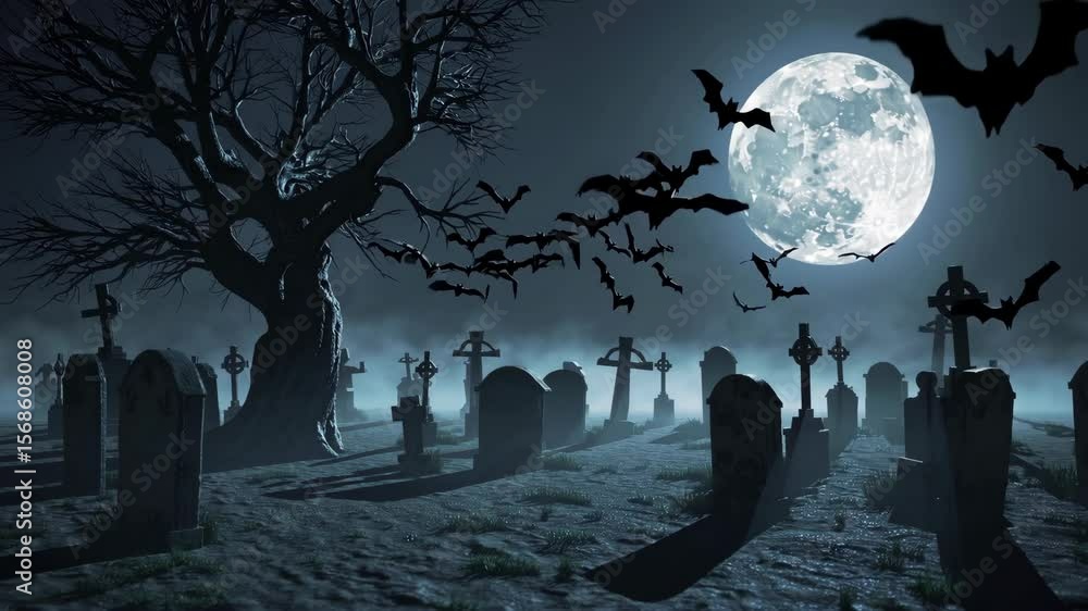 spooky scary night view of cemetery under full moon with bats flying over the graves. graveyard scene. happy halloween video backgrounds. Seamless looping animated background