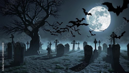 spooky scary night view of cemetery under full moon with bats flying over the graves. graveyard scene. happy halloween video backgrounds. Seamless looping animated background