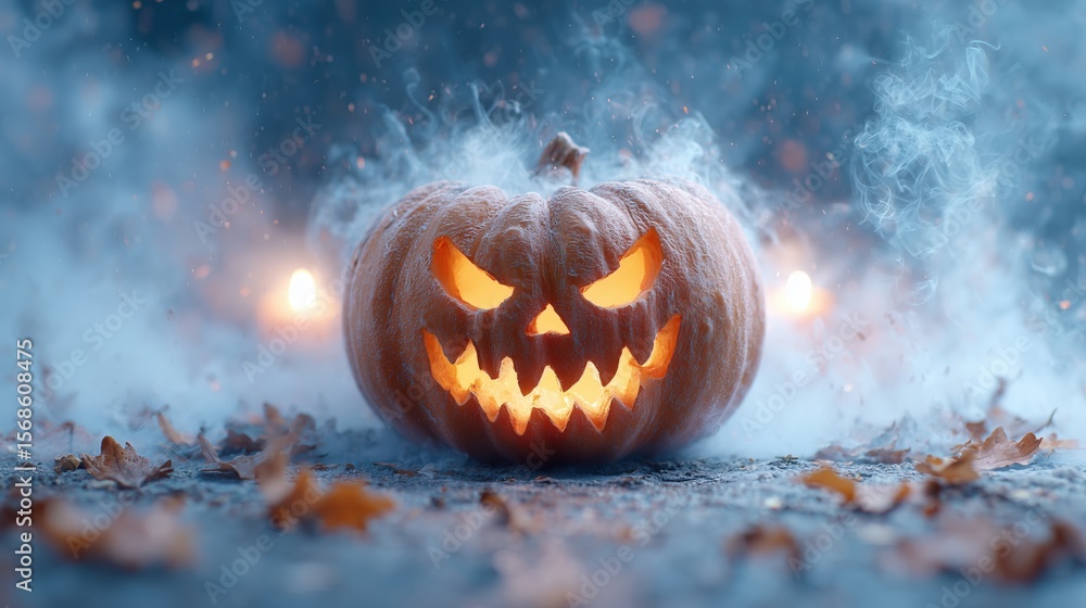 Naklejka premium Glowing Jack O Lantern with Evil Face in Mysterious Fog