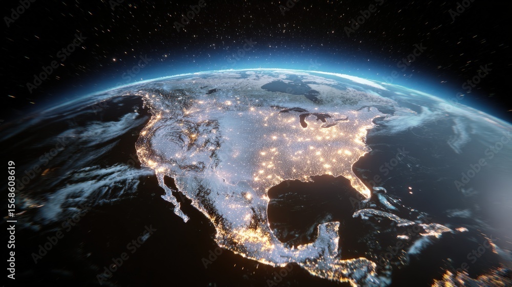Vibrant view of North America from space showing illuminated cities and natural features at night Earth from high altitude Vibrant view of North America from space showing illuminated cities and natural features at night Earth from high altitude