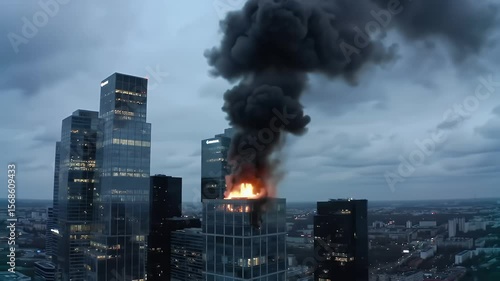 Dramatic Urban Fire Black Smoke Over Modern Glass Buildings Cityscape