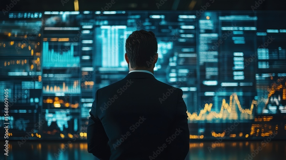 Strategic vision of a businessman analyzing financial data on multiple screens Strategic vision of a businessman analyzing financial data on multiple screens