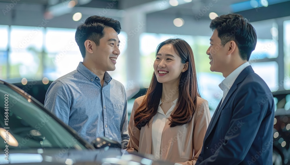 Obraz premium Three professionals discuss options in a car showroom, showcasing collaboration and communication in a modern setting.