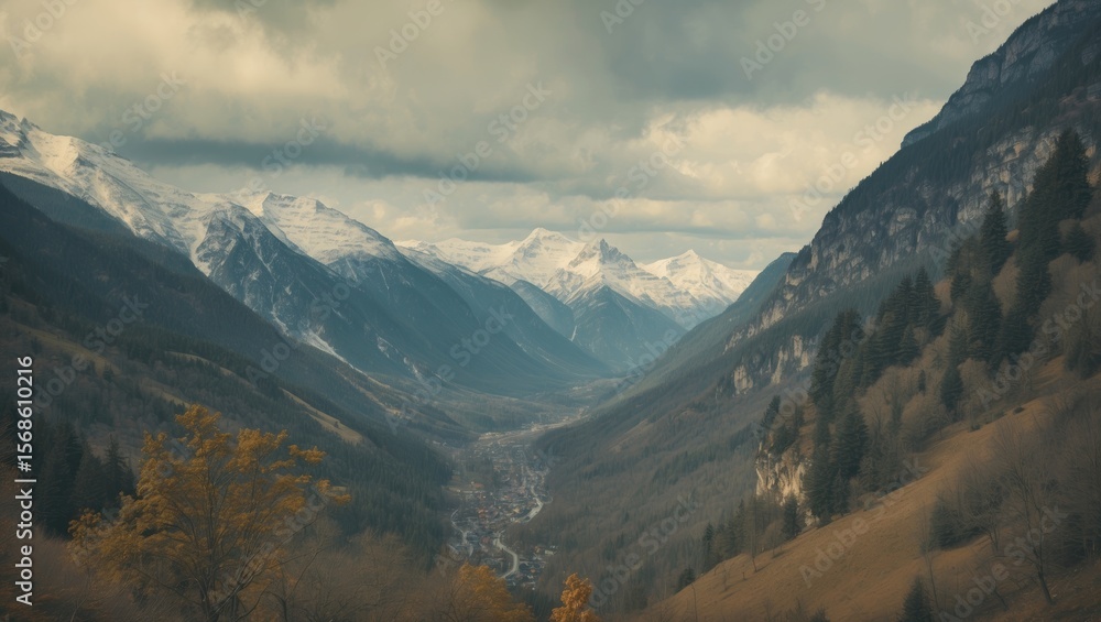 Fototapeta premium View of the mountains on a cloudy day with empty space for text.