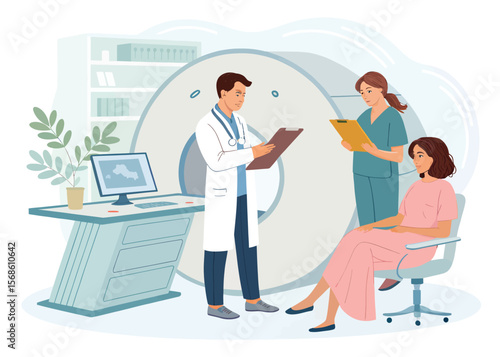 Ct scan procedure preparation doctor nurse patient mri scan radiology health checkup healthcare illustration
