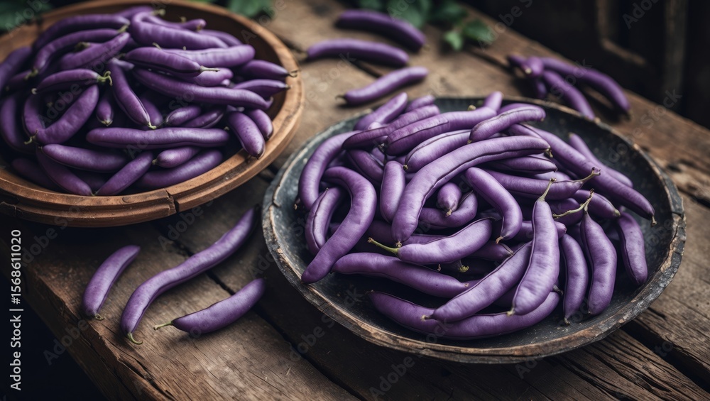 Obraz premium Purple beans on an old wooden table with fresh purple beans. Raw purple beans, selective focus, and empty space for text.