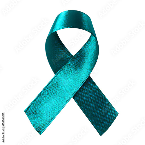 High quality photo of teal awareness ribbon symbolizing support for ovarian cancer and other causes isolated on transparent background.