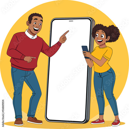 Cartoon people presenting new mobile app on smartphone with blank screen for advertisement and marketing