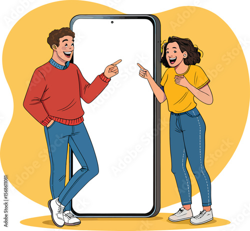 Cartoon people pointing at blank smartphone screen for app promotion or mobile advertisement banner design