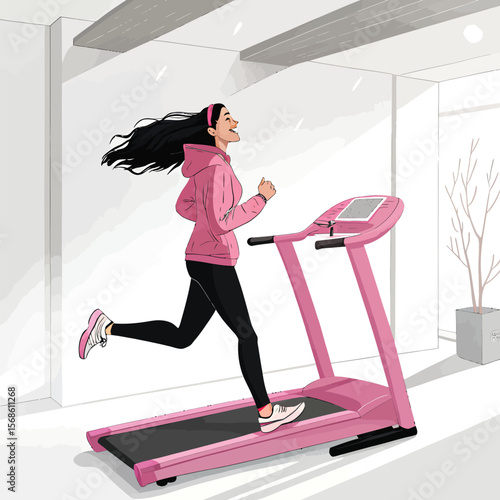 Woman running on pink treadmill for fitness workout at home gym cardio exercise training illustration