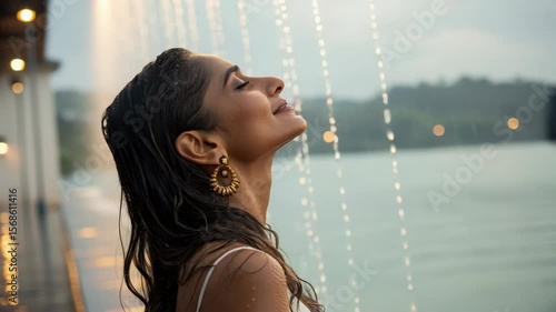 Woman Enjoying Rain by the Water